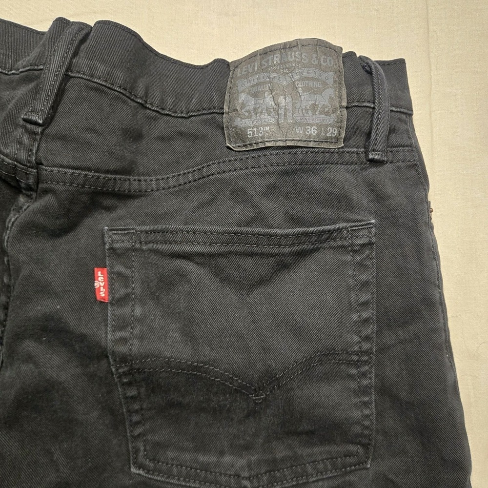 Levis 513 Jeans Mens 36x29 Black Dark Wash Slim Straight Stretch Denim Pants - Picture 13 of 15